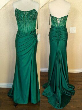 Emerald Green Sequin Strapless Corset Long Formal Prom Evening Dress 8